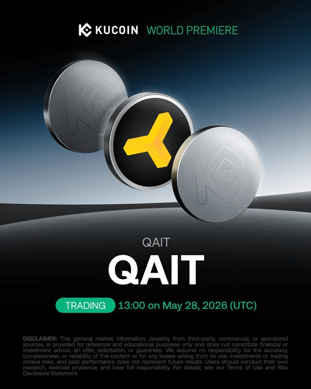The image features a poster for a new listing called "QAIT". It shows three coins, each with a different color - yellow, silver, and black. The text on the poster reads "New Listing: QAIT", indicating that this is an advertisement or announcement related to a cryptocurrency named QAIT. The poster also includes details about the event, such as the date (May 28, 2016) and the time (13:30).