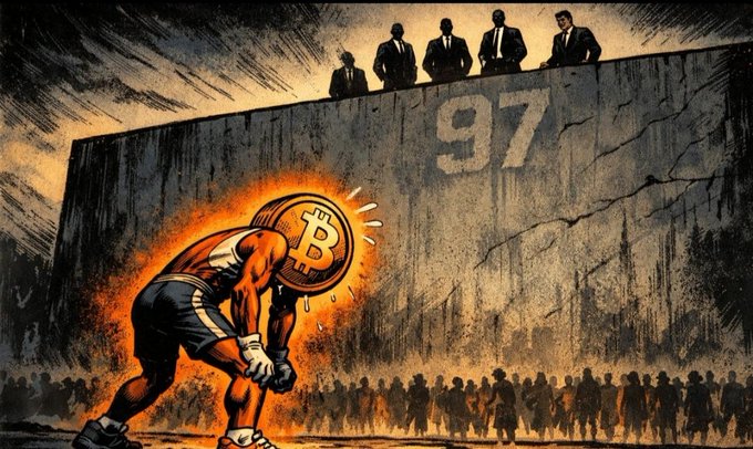 An exhausted Bitcoin weightlifter struggles under the crushing weight of a golden coin labeled "B" in front of a towering wall marked "97," while shadowy figures in suits watch from above and a crowd waits below. The image visually echoes the post's message that Bitcoin's biggest rallies begin during moments of exhaustion and doubt—when "97%" of investors may already be shaken out—just before patience is rewarded.