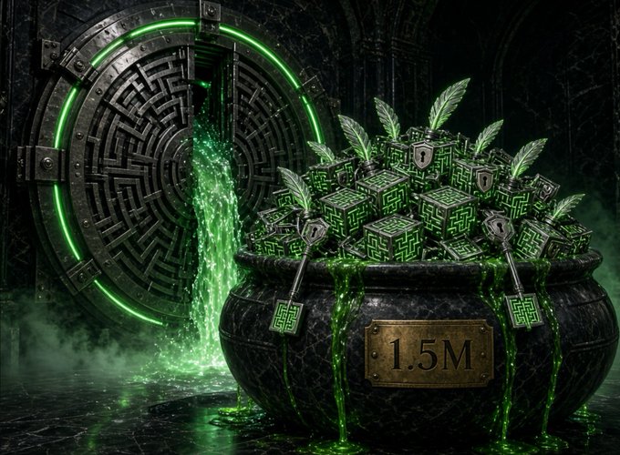 A dark fantasy digital artwork depicting a black pot filled with glowing green cube-shaped packages with feathers, labeled '1.5M' on the pot, positioned in front of a large metallic vault door leaking green liquid.