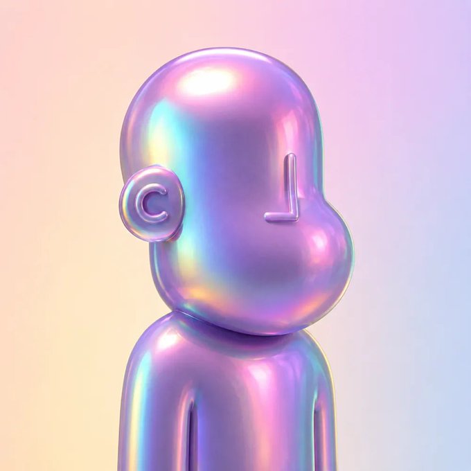 A glossy, iridescent 3D rendered figure with a stylized abstract head featuring a 'C' symbol on one side and an 'L' shape on the other, set against a pastel gradient background.