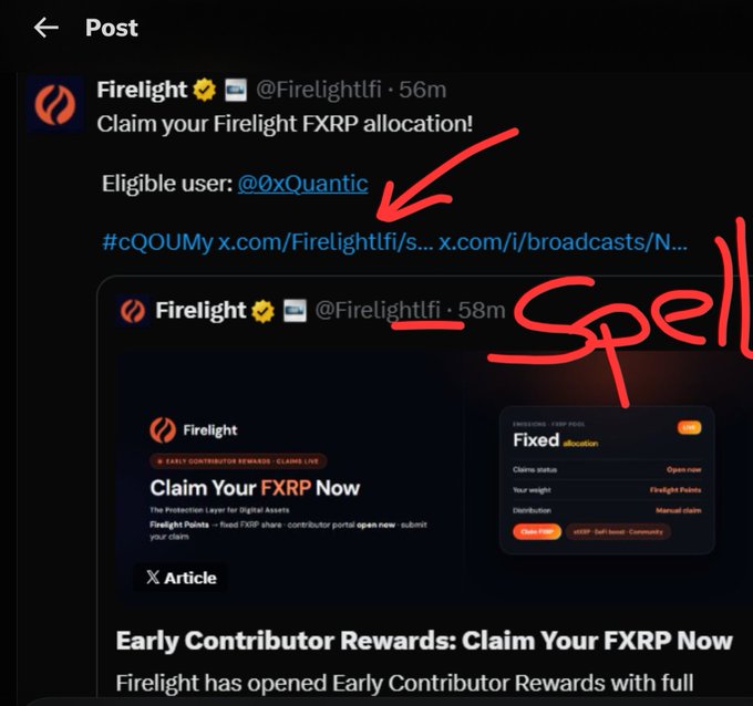 The image shows a scam post impersonating the verified account "Firelight" (@Firelightfi), attempting to trick users into claiming a fake FXRP allocation, with the username "@0xQuantic" suspiciously inserted and red "Spell" annotation highlighting the fraudulent scheme.