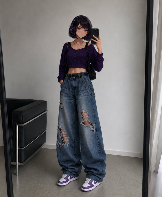 A person with purple hair wearing an anime-style face filter takes a mirror selfie in a purple long-sleeve crop top, distressed baggy jeans, and purple and white sneakers.