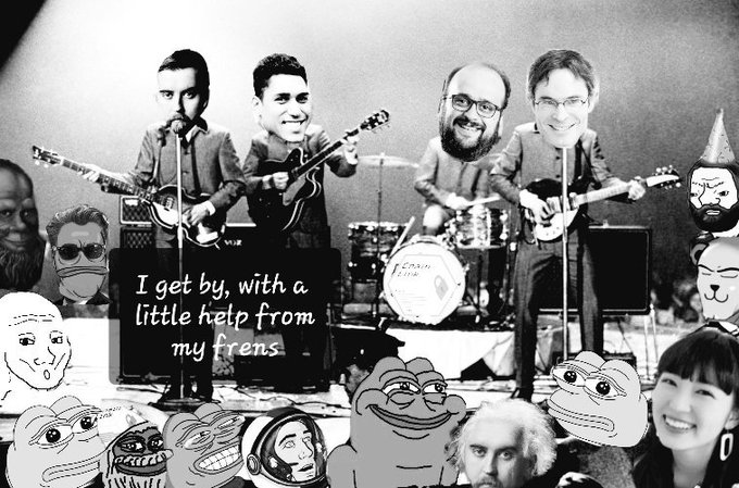A black-and-white image of four men playing guitars and drums on stage, surrounded by various Wojak-style meme faces, with text reading 'I get by, with a little help from my frens.'