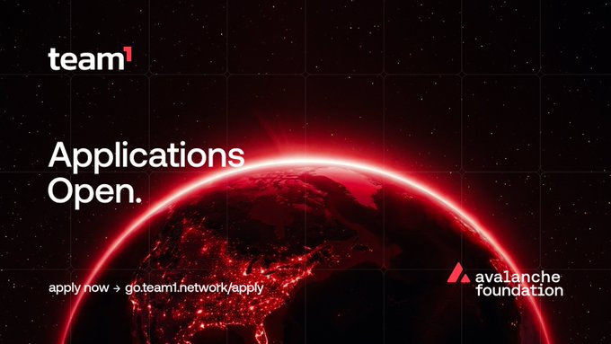 The image features a red planet with white stars against a black background. The caption below the image reads "Team1 Applications Open!: Apply now! Get network connections. Join Avalanche Foundation's global community program."