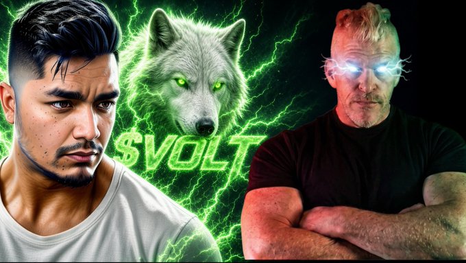 A stylized digital artwork featuring a serious young man on the left, a wolf with glowing green eyes in the center, and a blonde man with glowing blue eyes on the right, all set against a green lightning background with the word '$VOLT'.