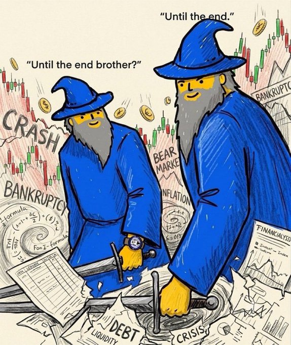 The image features two cartoonish men dressed as wizards, both wearing hats, holding swords. They are surrounded by various objects including a book titled "Bankruptcy", which appears to be their current location. The context of the scene suggests that these characters might be discussing or exploring the concept of Bankruptcy, given the presence of a book and potentially other related items in their surroundings.