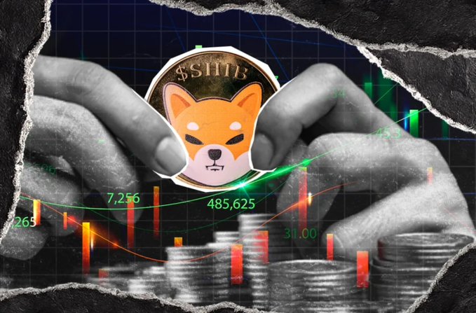 A pair of hands cradles a Shiba Inu coin labeled "$SHIB" amidst candlestick charts and rising numbers like 7,256 and 485,625, symbolizing active development and growth in the SHIB ecosystem rather than new official accounts. The imagery reinforces the reminder that real progress is happening through builders shipping new developer docs, gasless transactions, and APIs—not through new social channels.