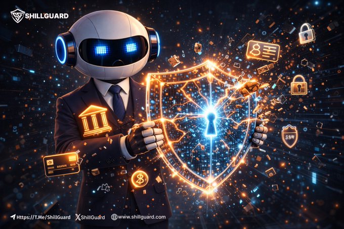ShillGuard promotional graphic featuring a suited robot holding a glowing security shield with padlock, document, and certificate icons against a digital background.