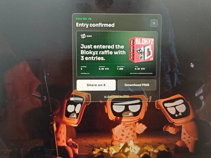 A digital confirmation pop-up shows "You're In! Entry confirmed" with text declaring "Just entered the Blokyz raffle with 3 entries" alongside stats showing 0.00 ETH entries, 7,000 max entries, and 0.03 ETH ticket price, all overlaid on an illustration of cartoon caveman-like characters wearing "LOYAL" sunglasses around a campfire. The image visually supports the post's message by demonstrating the user's participation in the oversubscribed Blokyz raffle with 3 entries.