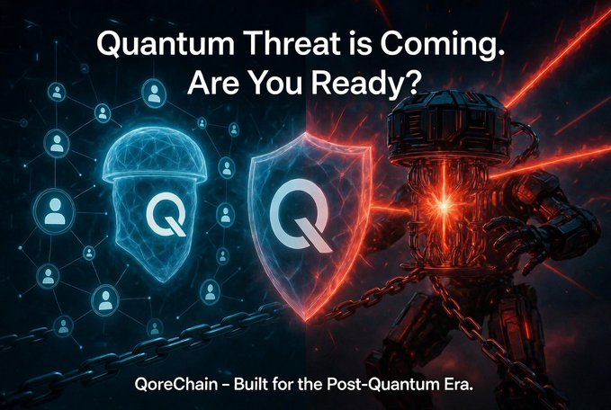 A dramatic digital graphic features the headline "Quantum Threat is Coming. Are You Ready?" above visuals of a blue networked brain/shield, a red Q-logo shield, and a menacing robotic figure with chains, with the tagline "QoreChain – Built for the Post-Quantum Era." The image visually reinforces the post's message that QoreChain is proactively addressing quantum security threats to protect user assets in a blockchain ecosystem.