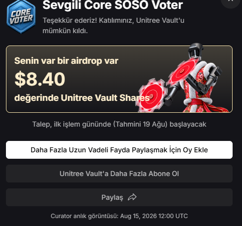 A mobile app screen for "Core Voter" with Turkish text thanking the user for participating in the SOSO Voter program and claiming an airdrop of $8.40 worth of Unitree Vault Shares.