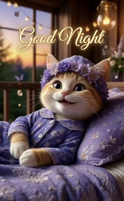 The image features an orange cat wearing a purple outfit with a flower crown sitting on top of a bed. The caption reads "Good night friends" above the cat, which suggests that they are ready for bedtime or have just finished their nighttime routine. The image also includes text about AttentionFi and MEV, possibly indicating that the creator is promoting an app related to these topics.