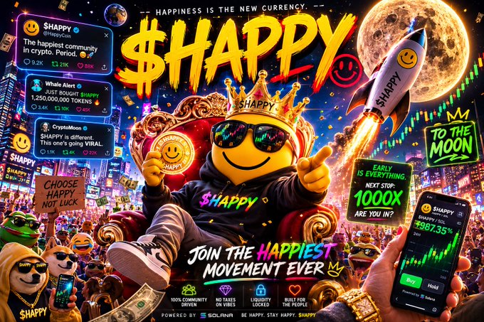 A vibrant promotional graphic for the meme cryptocurrency '$HAPPY' featuring a crowned smiley face character on a throne, with text like 'HAPPINESS IS THE NEW CURRENCY', 'TO THE MOON', and 'JOIN THE HAPPIEST MOVEMENT EVER', showing +967.35% gains.