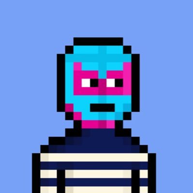 A low-resolution pixel art image of a character with a teal and pink helmet or mask featuring white rectangular eyes, set against a solid blue background.
