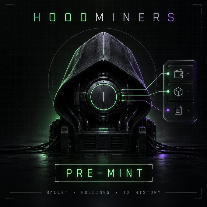 A dark, cyberpunk-style promotional graphic for 'HOODMINERS PRE-MINT' showing a hooded figure with a glowing green mechanical face, with tags 'WALLET · HOLDINGS · TX HISTORY'.