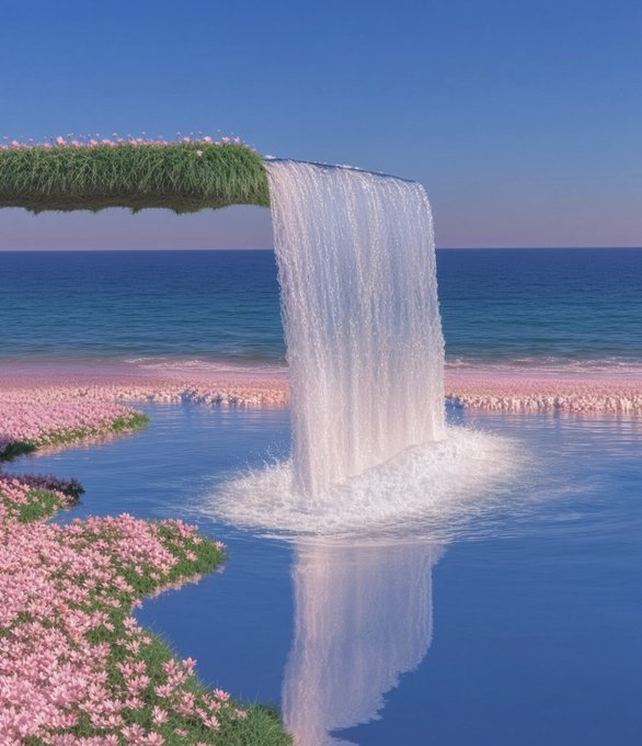 A surreal 3D-rendered landscape showing a waterfall cascading from a grassy cliff into pink water, surrounded by pink flowers with the ocean in the background.