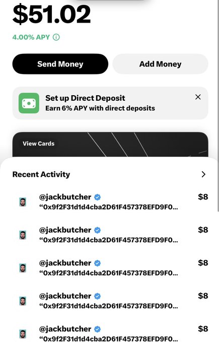 A mobile banking app screen shows a balance of $51.02 with 4.00% APY and recent transactions of $8 each from @jackbutcher.
