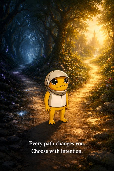 A cartoon yellow frog-like creature wearing a white spacesuit-helmet stands at a fork in a forest path with one side dark and the other golden; text reads 'Every path changes you. Choose with intention.'