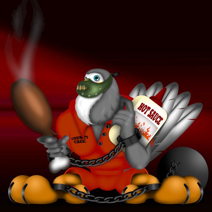 A cartoon turkey mascot wearing an orange 'County Cage' outfit, a green mask, holding a turkey leg and a 'Hot Sauce' bottle, with chains and a ball.