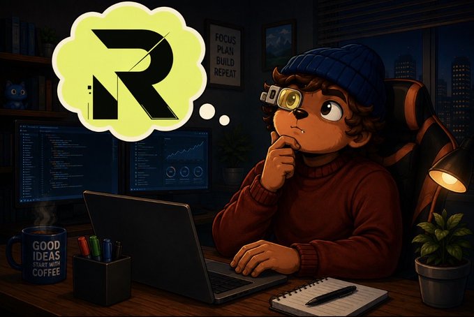 A digital illustration of a young person in a beanie and red sweater thinking at a laptop with code on the monitor; a thought bubble shows a stylized 'R' logo, and a 'FOCUS PLAN BUILD REPEAT' sign hangs in the background.