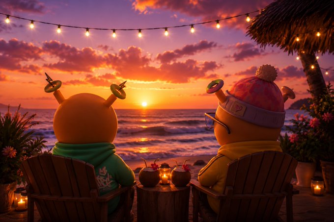 A 3D-rendered animated scene of two alien-like characters sitting in Adirondack chairs at a beach bar, watching a sunset with string lights overhead and coconut drinks on the table between them.