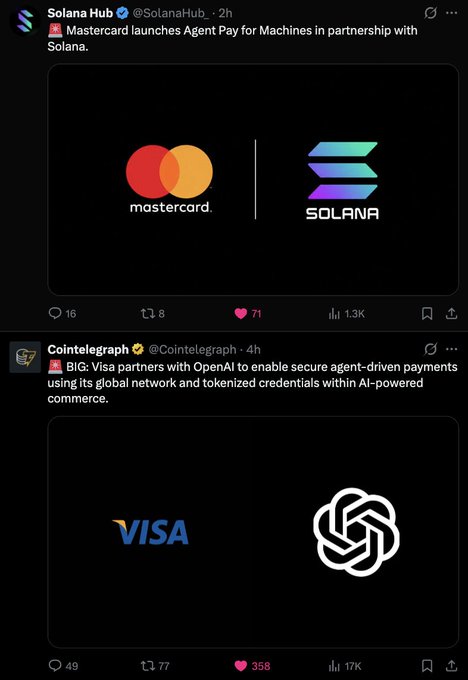 The image shows two social media posts about a company named Solana, which is an online payment platform. The first post displays a black background with a white logo of Solana and a red circle representing Mastercard's logo. The second post features a white background with a blue logo for Visa. Both posts are posted on Twitter, and they discuss the partnership between Solana and Mastercard to launch a new payments service called Solarana.