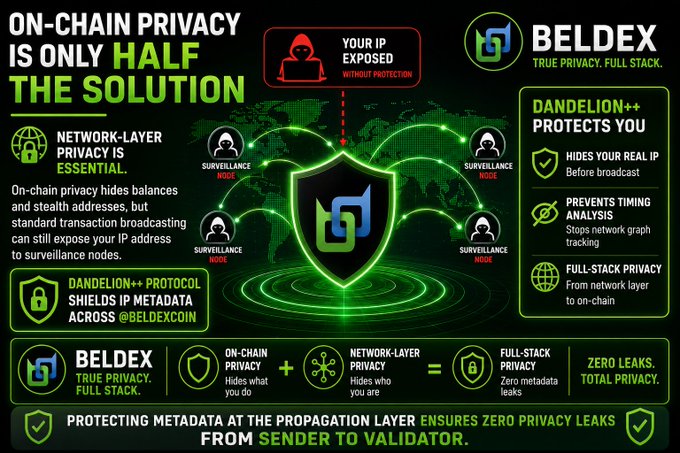 The image is a Beldex infographic explaining that on-chain privacy alone is insufficient because transaction broadcasting can expose IP addresses to surveillance nodes, with the Dandelion++ protocol providing network-layer protection that hides real IPs, prevents timing analysis, and ensures full-stack privacy from network layer to on-chain for "Zero Leaks. Total Privacy."