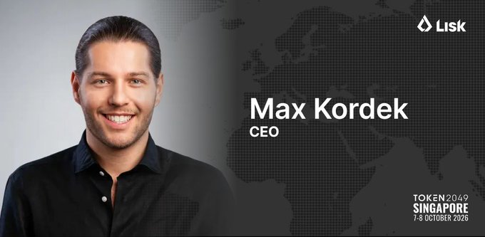 A professional headshot of Max Kordek, CEO, with the 'Lisk' logo and 'TOKEN2049 SINGAPORE 7-8 OCTOBER 2026' event details.