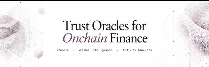 The image is a sleek, minimalist banner with a light cream/mauve background featuring abstract 3D wireframe shapes, displaying the text "Trust Oracles for Onchain Finance" alongside the services "zScore . Wallet Intelligence . Activity Markets."

It ties to the post by visually representing the "Trust Oracles" branding from @zerufinance, reinforcing the idea that evaluating borrowers requires deeper onchain metrics—like activity and wallet intelligence—rather than just a static balance.