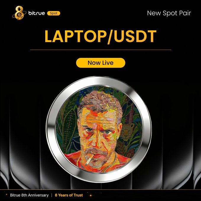 A Bitrue promotional graphic announces a new 'LAPTOP/USDT' spot pair as 'Now Live' for their 8th Anniversary, featuring a coin with a mosaic-style portrait of a man.