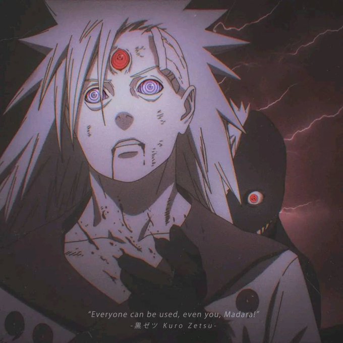 Anime illustration of Madara Uchiha with Rinnegan and Sharingan, featuring the text 'Everyone can be used, even you, Madara!' -Kuro Zetsu.