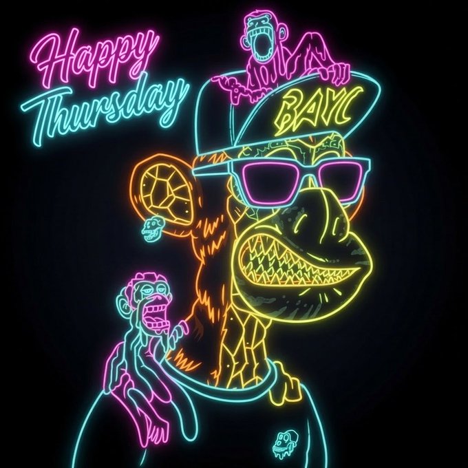 A neon-style illustration on a black background showing a Bored Ape Yacht Club (BAYC) character wearing sunglasses, with 'Happy Thursday' text in pink and blue neon lights.