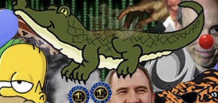 The image is a chaotic meme collage featuring Homer Simpson's "D'oh" face, a tiger, a smiling clown with a red nose, a man in a suit gesturing, and a green cartoon crocodile/alligator overlaid in the center. Below the crocodile are two gold "1 Bitcoin" coins, with a man's grinning face peeking out from underneath, all set against a background of green digital code. The accompanying "🤷‍♂️" emoji complements the image's nonsensical, absurd, and deflated vibe—much like a clueless shrug at the randomness, perhaps reflecting confusion or indifference toward the chaotic crypto-related imagery.