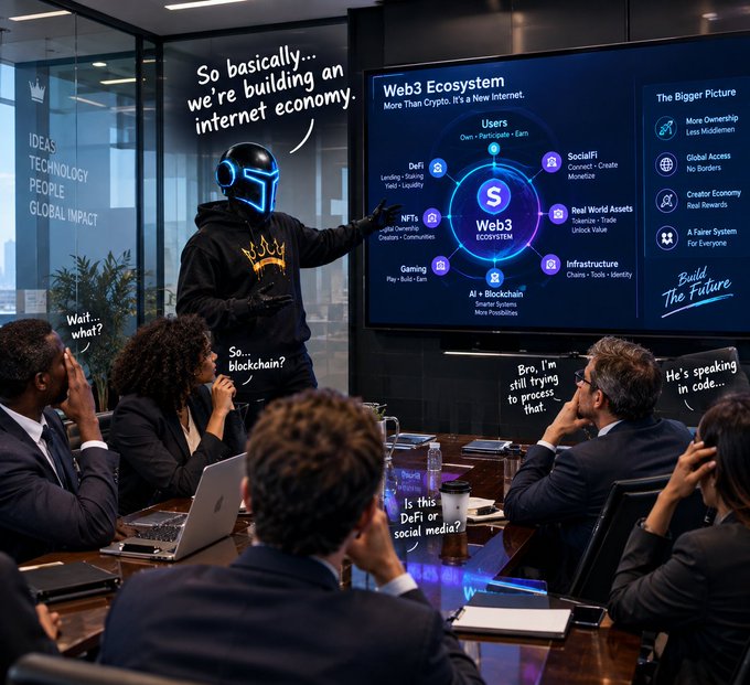 An illustrated scene of a futuristic tech presentation where a person in a glowing helmet and black hoodie explains a 'Web3 Ecosystem' diagram to a boardroom, with humorous audience captions like 'Wait... what?', 'So... blockchain?', and 'He's speaking in code...'