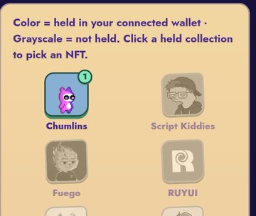 A digital interface showing NFT collections including Chumlins, Script Kiddies, Fuego, and RUYUI, with text indicating that color represents items held in the connected wallet and grayscale means not held.