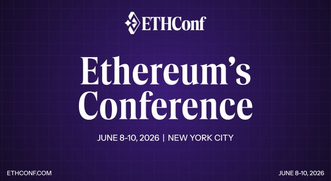 The image features a purple banner with white text that reads "ETHConf" at the top of the frame. Below this, there are two dates - June 8th and June 10th, along with the event's location as New York City. The event is described as the largest Ethereum gathering in America, with over 5,000 attendees, 150+ speakers, and 100+ companies participating in discussions on stablecoins, tokenized treasuries, institutional adoption, and digital asset policy.