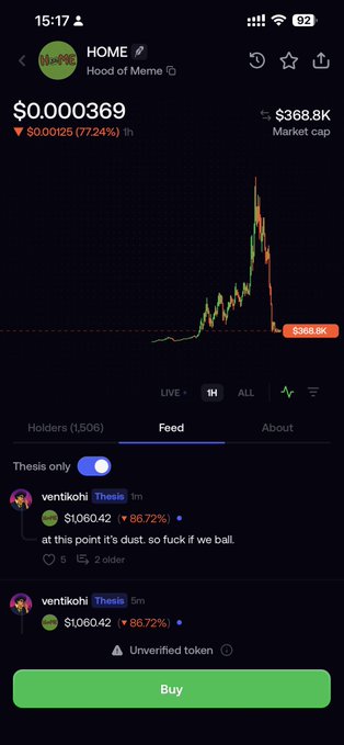 A mobile app screenshot showing the "Hood of Meme" (HOME) token priced at $0.000369, down 77.24% in 1 hour, with a market cap of $368.8K and 1,506 holders.