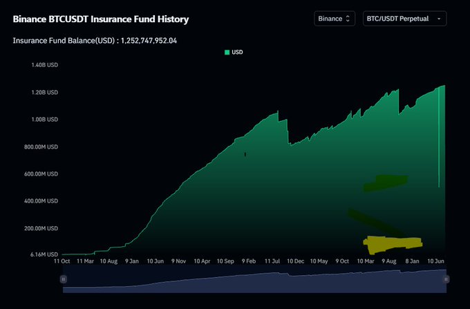 A 'Binance BTCUSDT Insurance Fund History' chart showing an insurance fund balance of 1,252,747,952.04 USD, with a green area chart trending upward over time and some yellow highlighter marks.