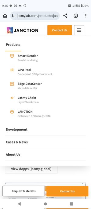 The image shows a mobile browser screenshot of the JASMY/JANCTION website at jasmylab.com/products/jas, displaying a navigation menu with products like Smart Render, GPU Pool, Edge DataCenter, and Jasmy Chain. It illustrates how users can easily access Jasmy Chain information through the new website update mentioned in the post.