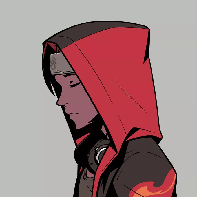 Anime-style profile illustration of a character wearing a red hood, ninja headband with a leaf symbol, and dark clothing with flame details.