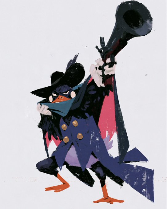An illustration of an anthropomorphic bird character dressed in a dark coat and wide-brimmed hat, playing a trumpet or horn-like instrument.