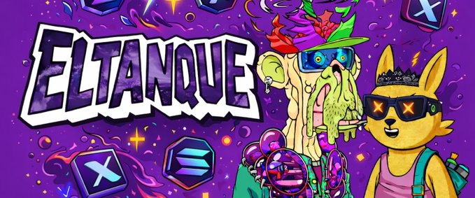 Colorful, vibrant NFT-style artwork featuring the text 'ELTANQUE' alongside cartoon characters including a yellow bunny in sunglasses and an alien-like creature, with Solana and other crypto logos.