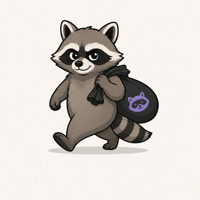 A cartoon illustration of a smiling raccoon walking while carrying a black garbage bag featuring a purple Shiba Inu-style dog logo, evoking a meme-inspired 'trash collector' theme.