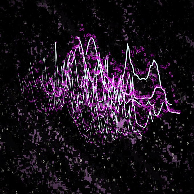 A glitchy digital artwork featuring white and pink waveform lines overlaid on scattered binary code, numbers, and letters against a dark background.