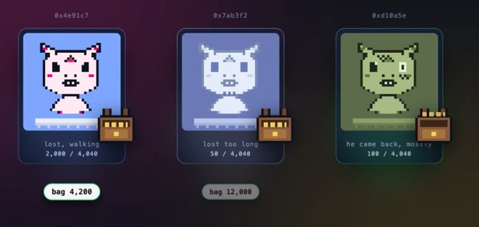 Three pixel-art NFT cards display characters with prices: "lost, walking" at 2,000/4,040 (bag 4,200), "lost too long" at 50/4,040 (bag 12,000), and "he came back, mostly" at 100/4,040, with token IDs 0x4e91c7, 0x7ab3f2, and 0xd10a5e shown above. The image illustrates the "Burn token to get random NFTs" concept mentioned in the post, showing a tiered NFT minting system where burning tokens yields different variations of pixel creatures at varying price points.