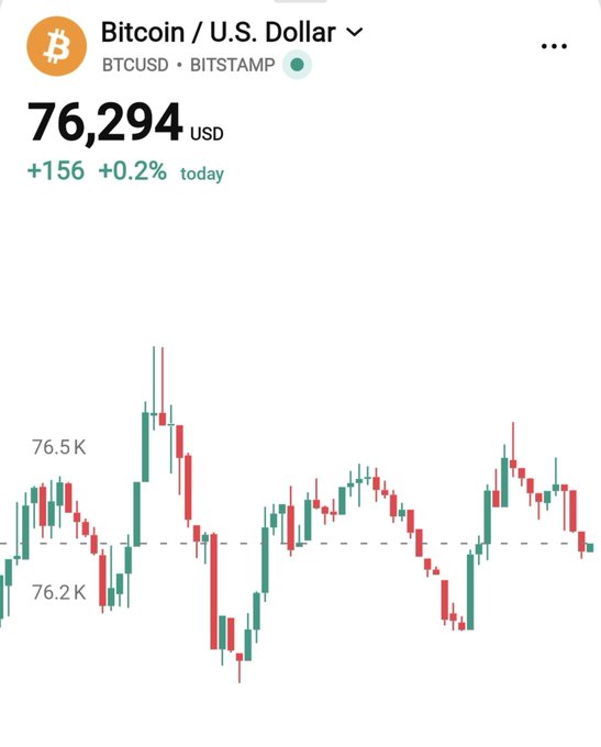 Bitcoin/U.S. Dollar (BTCUSD on BITSTAMP) chart showing a price of $76,294 USD, up 0.2% or +$156 for the day.