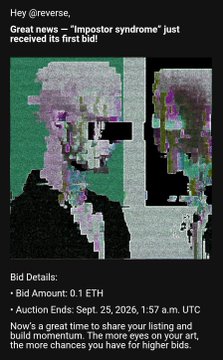 An NFT announcement tweet from @reverse_ announcing 'Impostor syndrome' as the first bid at 0.1 ETH, with an auction ending Sept. 25, 2026.