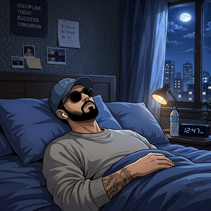 A cartoon-style illustration shows a man with a beard, sunglasses, and earbuds lying in bed at night, with a digital clock reading "12:47 AM" and posters reading "DISCIPLINE TODAY SUCCESS TOMORROW" and "Be Strong Be Patient Be You" on the wall.