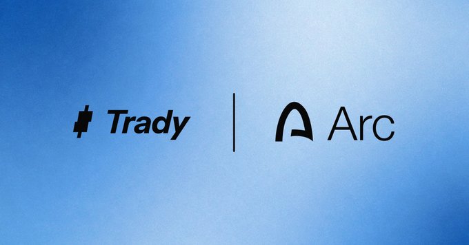 A blue gradient image displaying the logos of Trady and Arc separated by a vertical line, visually representing the post's reference to "day 1 on @arc," suggesting a new partnership or integration between the two platforms.