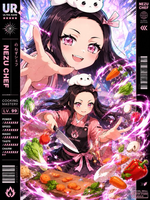 A "UR" (Ultra Rare) collectible card features "NEZU CHEF" at Level 99 with a Cooking Mastery rating, depicting an anime-style chef wielding a knife amid floating vegetables and pink energy. The card's stats (Power, Speed, Magic, Taste, Charm) and the post's playful "now im cooking my brand" line tie into the chef theme, suggesting the creator is metaphorically "leveling up" their brand just as Nezu Chef masters cooking.